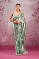 Premium Pista Silk Saree with Real Mirror & Glitter Dori Work