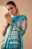 Aqua Blossom Soft Lichi Silk Saree