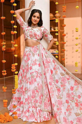 Elegant Floral Printed Georgette Lehenga with Step Flair & Fancy Lace Dupatta