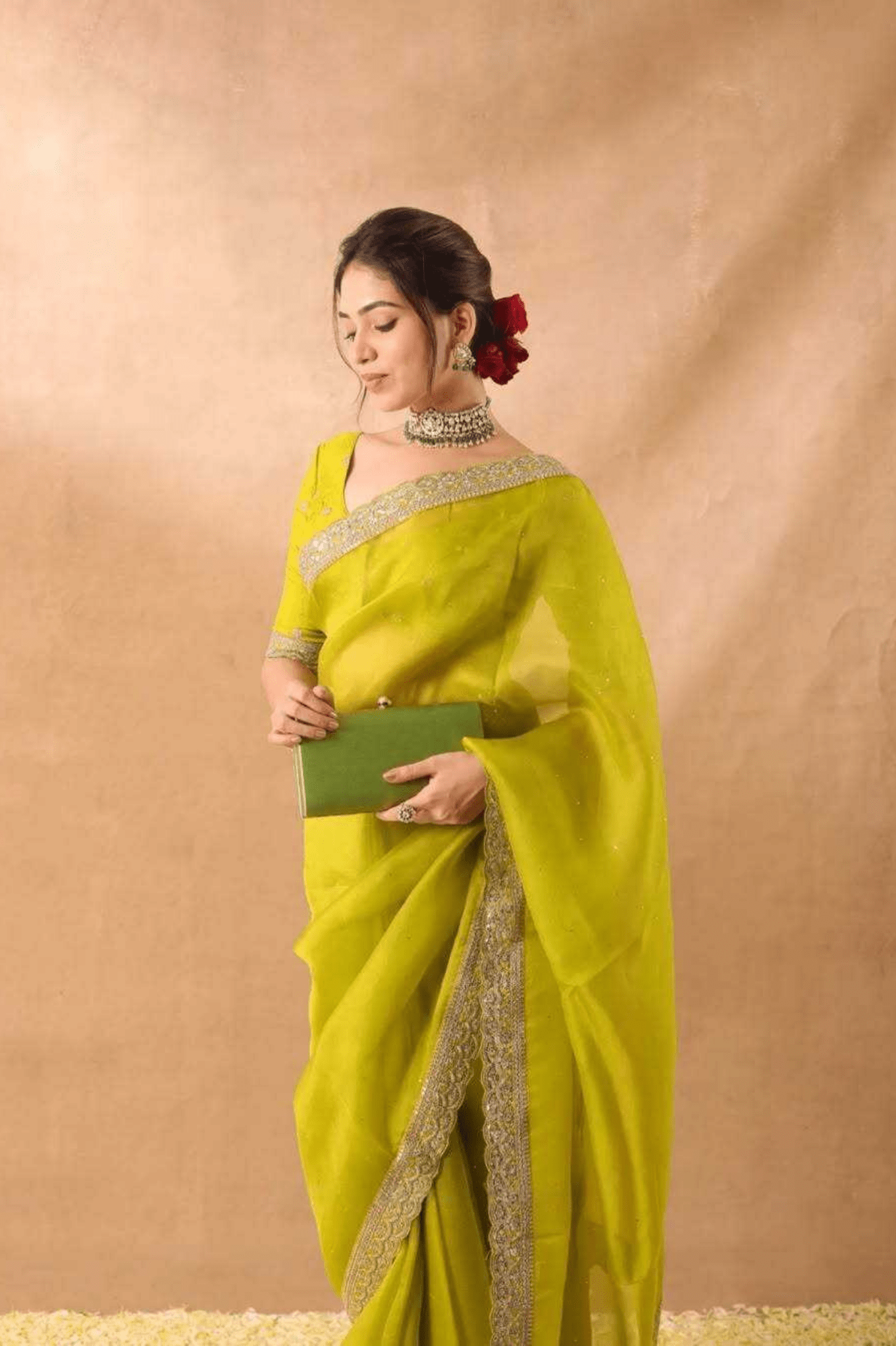 Lime Aura Soft Zimmy Chu Silk Embroidered Saree with Designer Blouse - kavyo.in