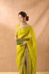 Lime Aura Soft Zimmy Chu Silk Embroidered Saree with Designer Blouse - kavyo.in