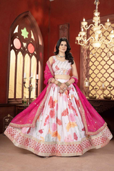 Floral Chinon Lehenga with Mirror Work & Pink Dupatta