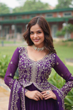 Elegant Faux Blooming Embroidered Anarkali Gown Set - Purple - kavyo.in