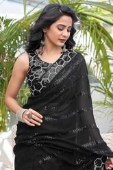 Black Heavy Georgette Saree with All-Over Sequin Embroidery and Fancy Lace Border