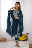 Eliza Cerulean Embroidered Kurta Pant Set with Dupatta - kavyo.in