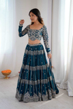 Teal Blue Faux Georgette Embroidered Lehenga Choli Set with Dupatta