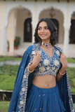 Teal Blue Vichitra Silk Lehenga Choli Set with Heavy Sequins & Thread Embroidery