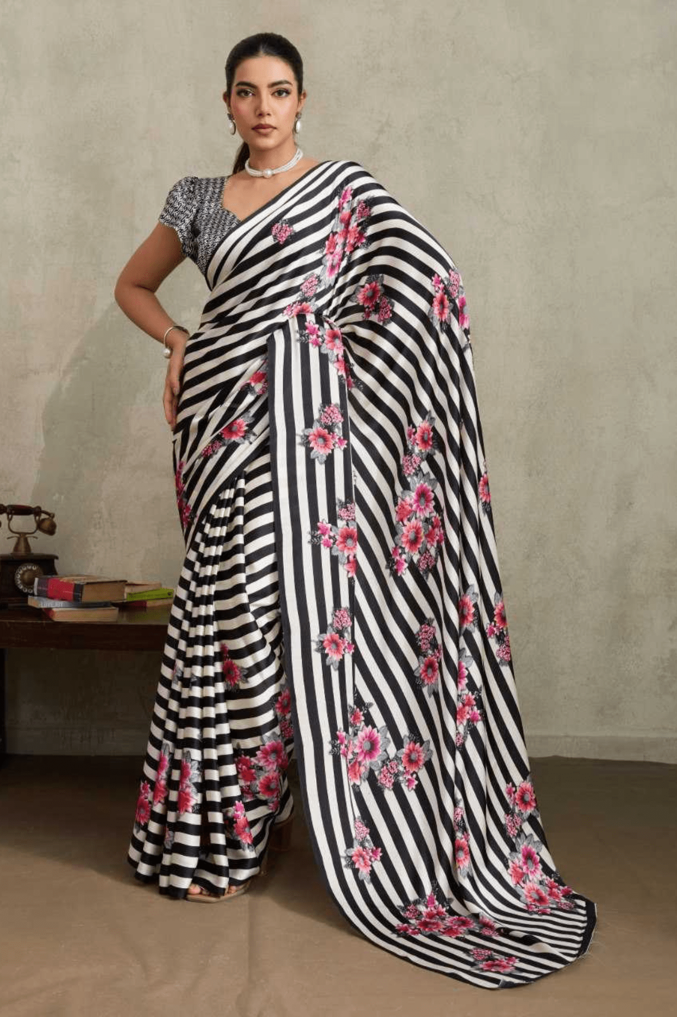 Modern Monochrome Ajrakh Modal Satin Saree - kavyo.in