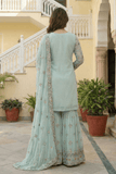 Mint Green Designer Embroidered Kurti Sharara Set with Dupatta - kavyo.in