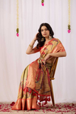 Warli Olive Soft Lichi Silk Tribal Art Print Saree