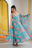 Pure Blue Muslin Floral Print Kali-Cut Gown Set with Organza Dupatta