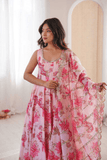 Pure Muslin Floral Print Kali - Cut Gown Set with Organza Dupatta - kavyo.in