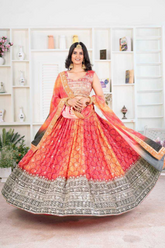 Chinon Silk Ombre Orange & Red Embroidered Lehenga Choli with Dupatta