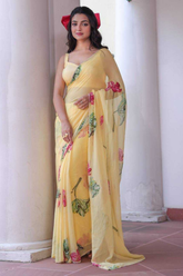 Soft Tabby Silk Floral Printed Saree with Beads & Katdana Handwork