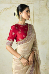 Golden Ivory Soft Net Saree with Heavy Banarasi Blouse