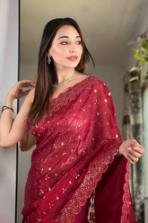 Maroon Soft Geemichu Silk Saree with Designer Embroidered Cutwork Border