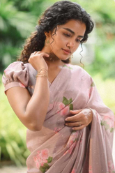 Plain Brown Saree with Digital Floral Print & Matching Blouse