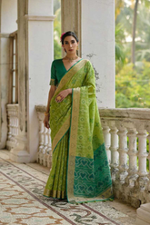Green Soft Desi Raw Silk Saree with Pochampally Ikkat Concept & Zari Weaving Border