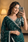 Emerald Green Pure Blooming Silk Georgette Saree with Sequin Work - kavyo.in