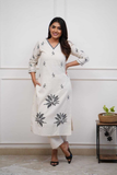 Ivory Bloom Rayon Slub Embroidered Kurta Pant Set