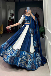 Royal Blue & White Rayon Mirror Work Lehenga Set