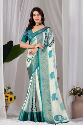 Soft Lichi Silk Printed Saree with Geometric Elephant Design & Zari Woven Border
