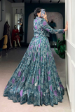 Teal Floral Printed Tussar Silk Co-ord Set Lehenga with Koti