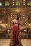 Maroon Printed Crepe Silk Tube Blouse with Draped Knotted Skirt & Long Shrug Set