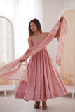 Blush Pink Roman Silk Anarkali Gown Set with Dupatta - kavyo.in