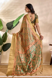 Olive Green Soft Silk Saree with Golden Zari Border & Patola-Inspired Design