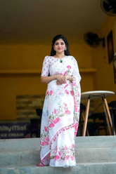 Elegant White Linen Saree with Floral Digital Print & Tassel Detailing