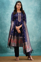 Navy Blue Art Silk Kurti Set with Woven Dupatta