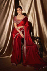 Shilpa Shetty Inspired Royal Red Satin Silk Saree with Original Mirror and Embroidery Work