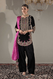 Royal Black Velvet Farshi Salwar Suit with Heavy Embroidery, Potli & Dupatta - kavyo.in