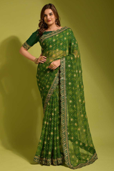 Green Georgette Chiffon Saree with Floral Foil Print and Embroidered Lace Border