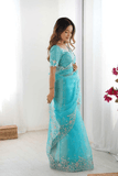 Azure Blue Heavy Organza Silk Saree - kavyo.in