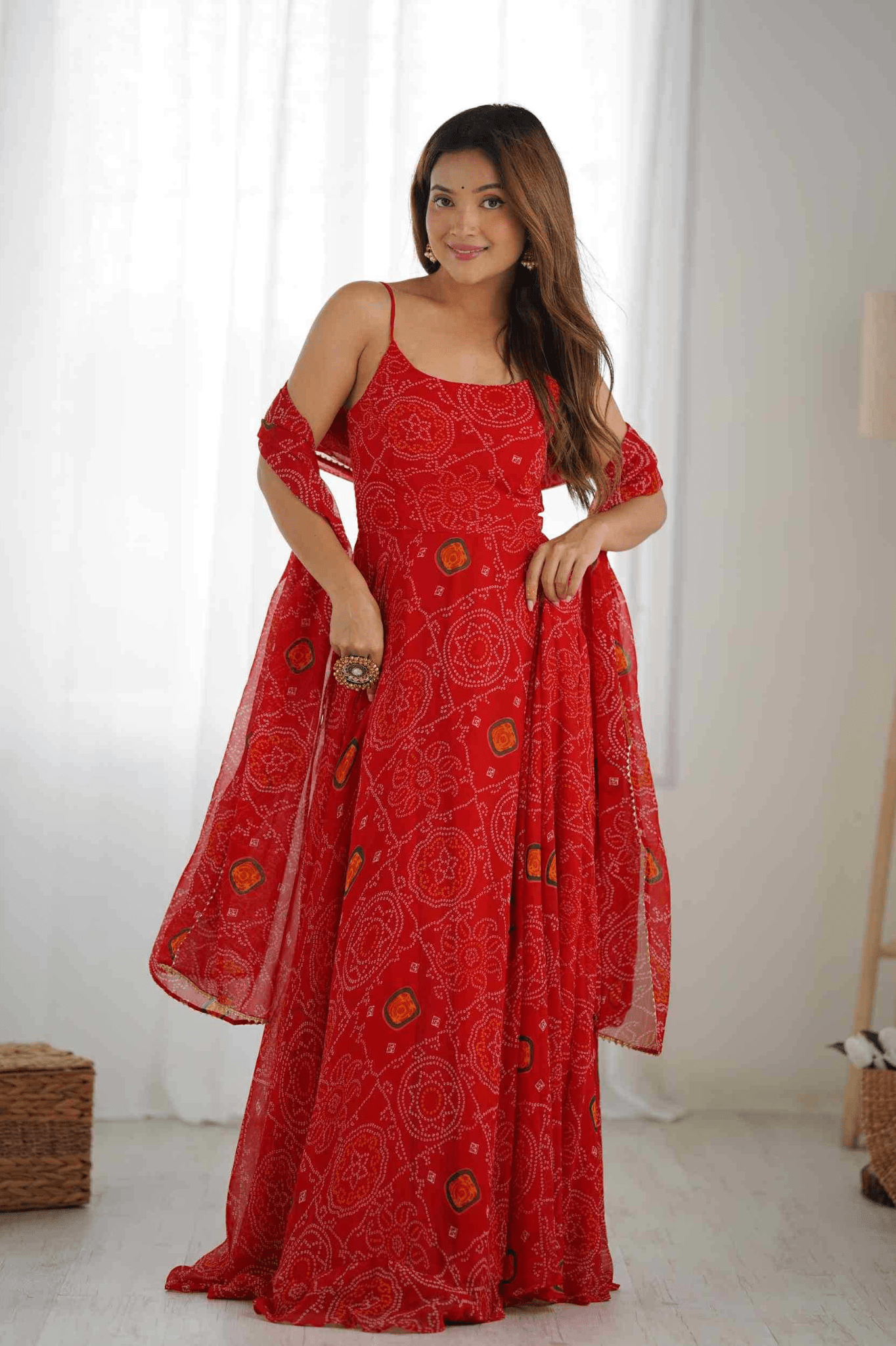 Red Bandhej Chiffon Anarkali Gown with Dupatta - kavyo.in