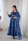Royal Blue Bandhani Print Fox Georgette Anarkali Gown Set with Dupatta & Pant - kavyo.in