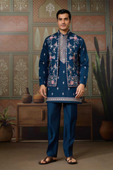 Navy Blue Embroidered Kurta with Koti & Bottom