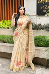 Soft Gold Banarasi Tissue Saree with Floral Print & Zari Detailing