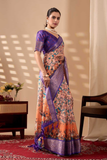 Soft Lichi Silk Saree with Digital Ethnic Motif Print & Royal Purple Zari Border