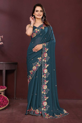 Teal Blue Soft Georgette Saree with Multicolor Embroidery Cutwork Border
