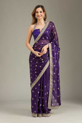 Purple Soft Fancy Chiffon Saree with Zari Pallu & Hand Stone Work