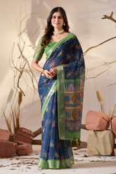 Navy Bloom Premium Linen Cotton Printed Saree