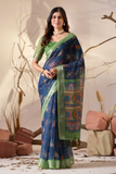 Navy Bloom Premium Linen Cotton Printed Saree
