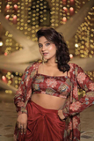 Maroon Printed Crepe Silk Tube Blouse with Draped Knotted Skirt & Long Shrug Set