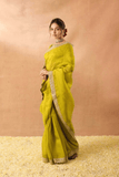 Lime Aura Soft Zimmy Chu Silk Embroidered Saree with Designer Blouse - kavyo.in