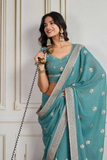 Soft Star Georgette Saree with All-Over Embroidery & Piping Border