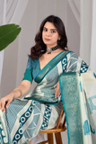 Soft Lichi Silk Printed Saree with Geometric Elephant Design & Zari Woven Border