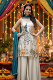 Ivory France Crepe Silk Kurti Palazzo Set with Peacock Embroidery & Dupatta